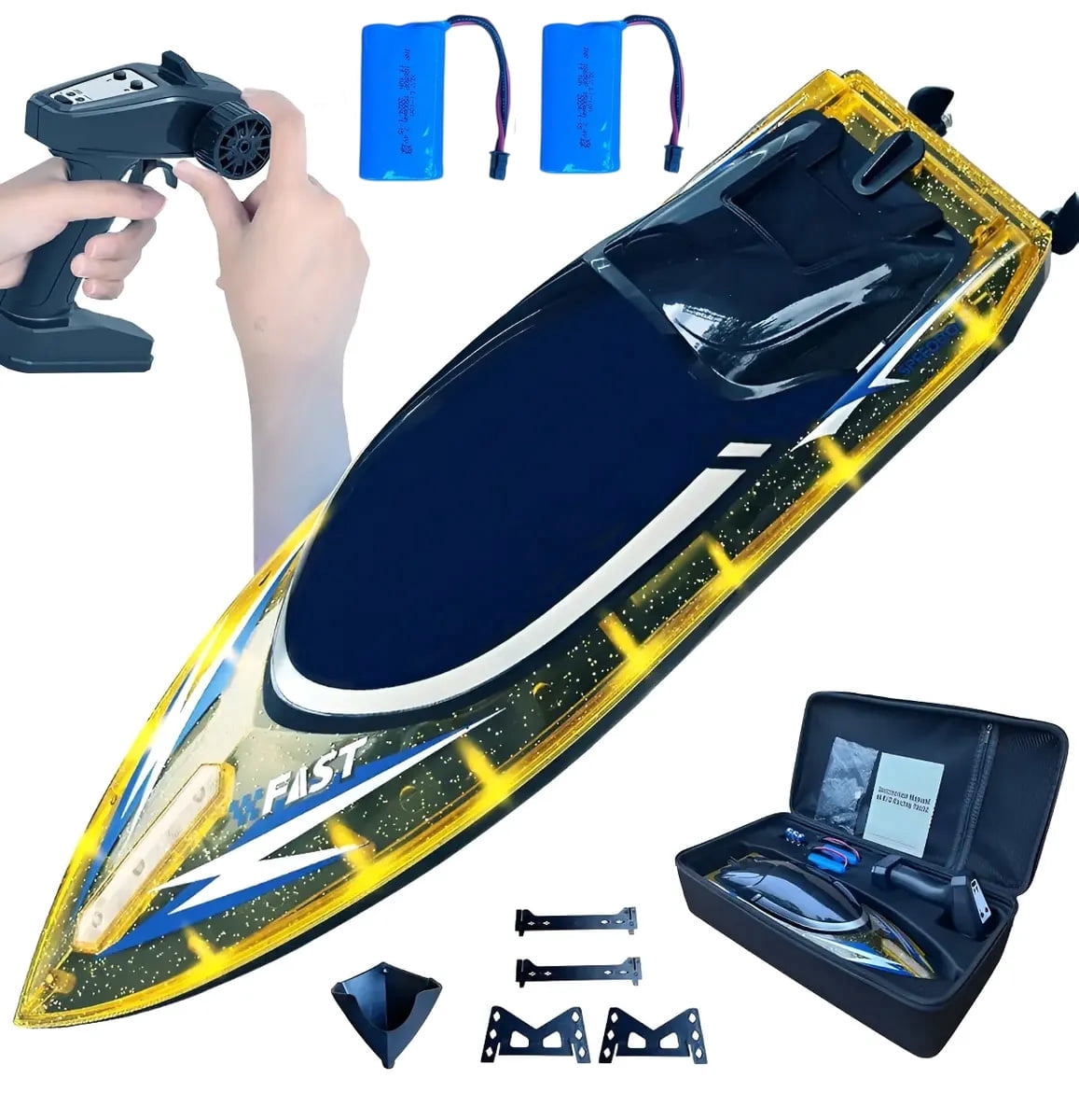 S15 Fast RC Boat with LED Lights, 30+KM/H, High Speed Remote Control Racing Boat, Self-Righting, 2 Batteries, 30+ Mins, 2.4GHz Pool & Lake Toys for Kids & Adults