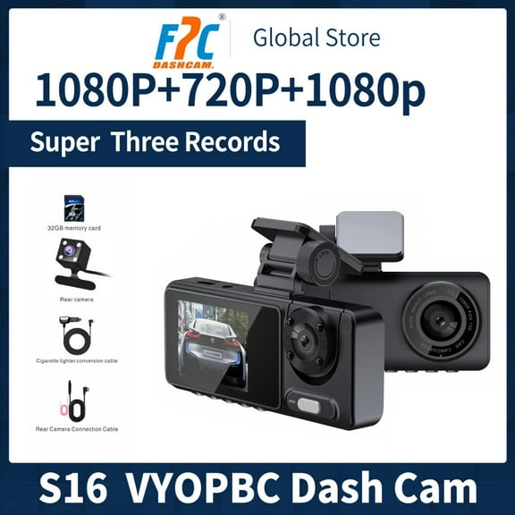 S16 3-Channel In-Car Front and Rear Dash Cam with 1080P, Infrared Night Vision, and WiFi