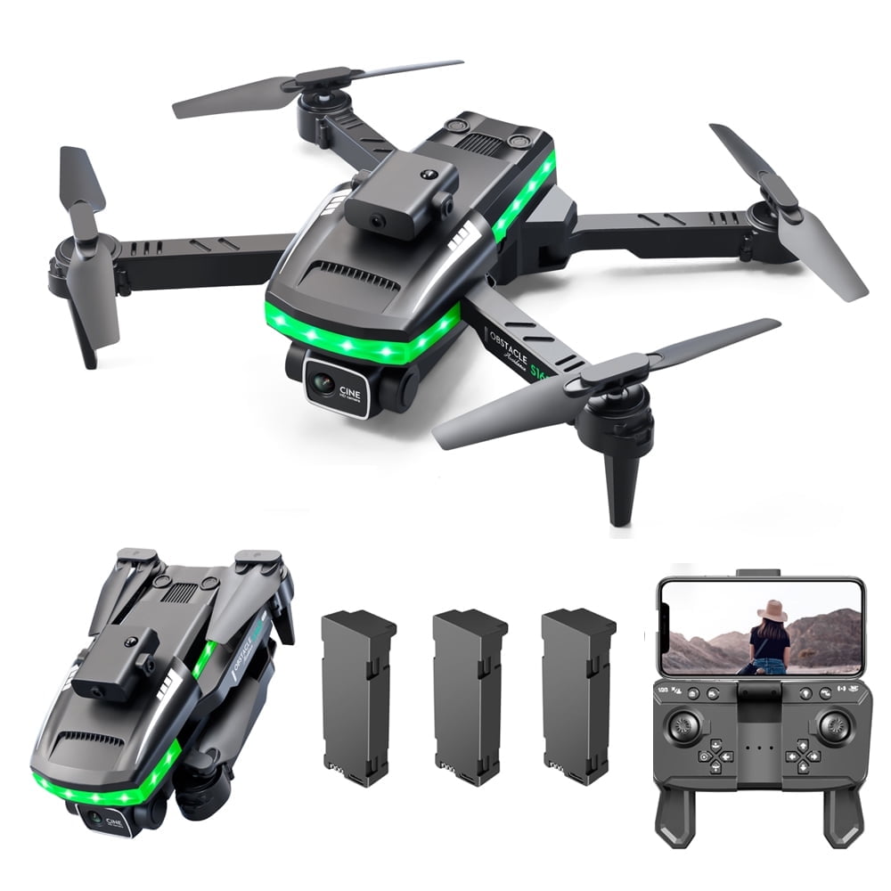 S162 RC Drones,HD Dual Camera , 2.4G WIFI ,FPV Colorful Lighting , 360 Obstacle Avoidance, Folding Quadcopter Remote Control Aircraft Toy, for Adults and Childers, 3 Battery, Black