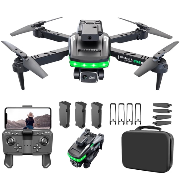 S162 RC Drones,HD Dual Camera, 360 Obstacle Avoidance, 2.4G WIFI FPV LED Lighting , Folding Quadcopter Remote Control Aircraft Toy, for Adults and Childers, 3 Battery, Black