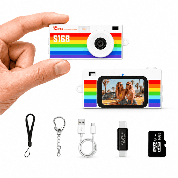 S168 Mini Digital Camera, 1440P HD Portable Keychain Design with 16GB Card, 7 Filters, Built-in Light, Usb-C Cable, White