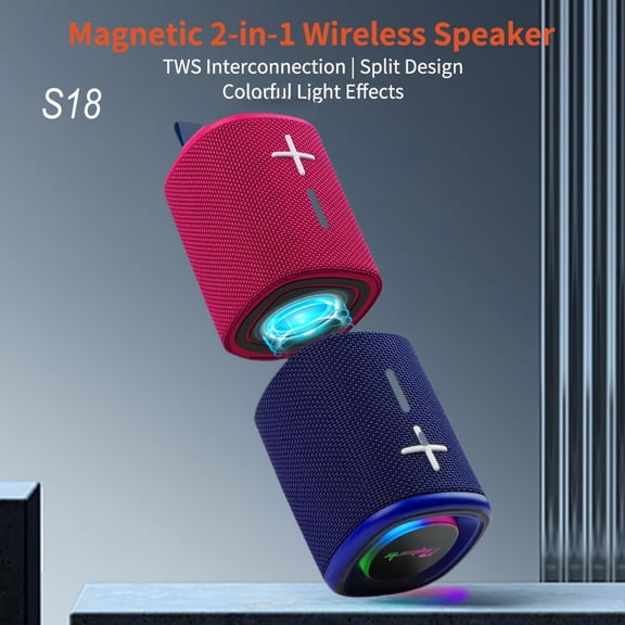 S18 Magnetic Split Bluetooth Speaker, 2-in-1 Separable Dual Speakers, 20W Stereo Sound, 4000mAh Battery, RGB Lighting, TF Card & AUX Supported, Portable Wireless Speaker