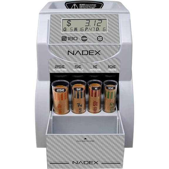Nadex S180 Coin Sorter Machine, Carbon Fiber Finish, Digital Coin Counter and Sorter with Coin Tubes and Wrappers
