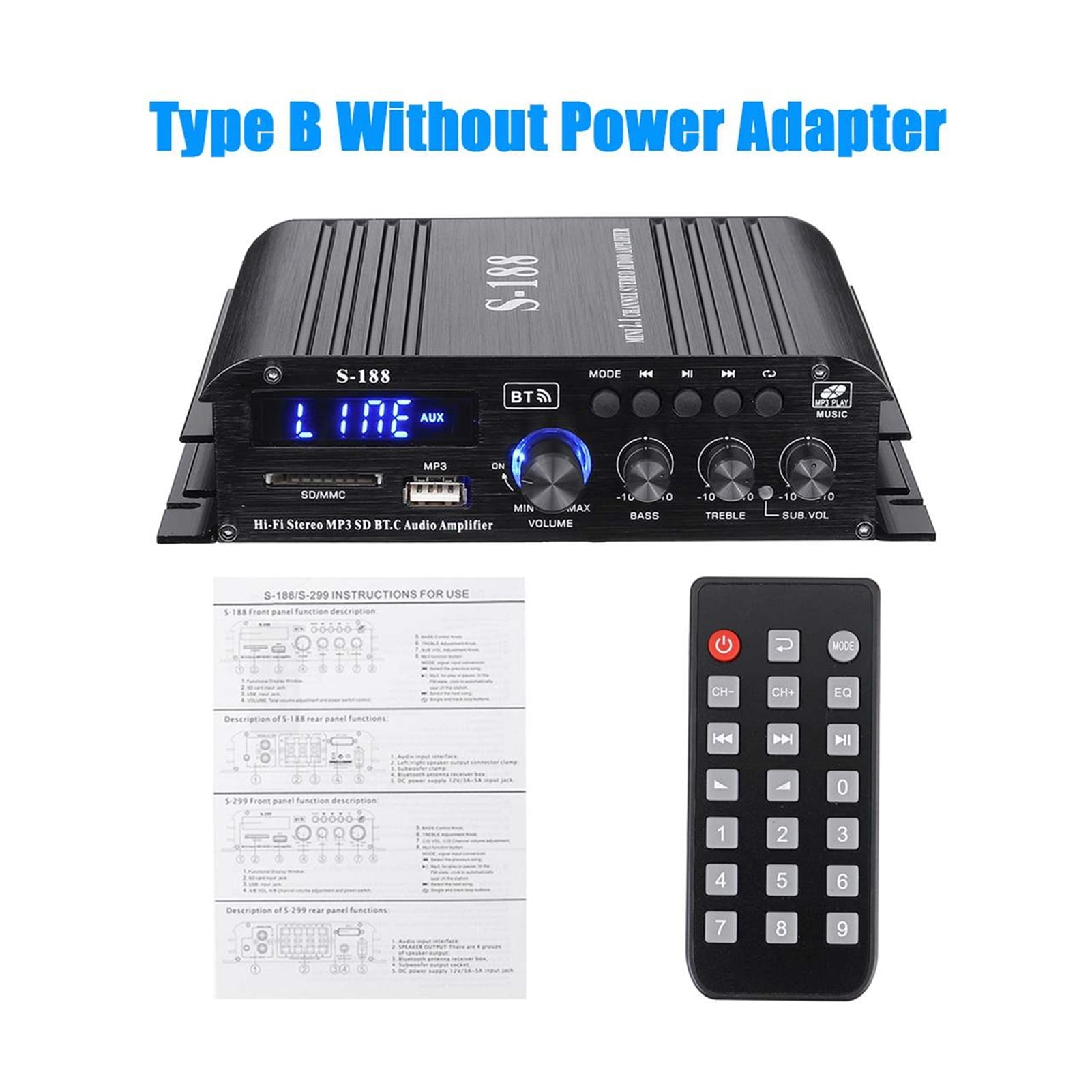 S188 2*400W+200W Bluetooth HiFi Power Amplifiers Stereo Home Car Audio