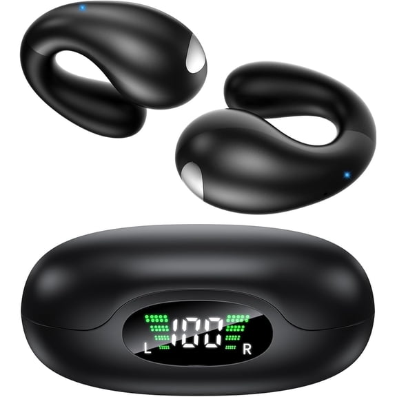 S19 Open Ear Earbuds, Clip on Earbuds Bluetooth 6.1 Wireless Earbuds with LED Power Display 50H Playtime Bone Conduction Earbuds with Waterproof Design Open Ear Headphones for Running Workout Cycling