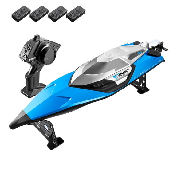 S2 RC Speedboat With 70kmh High Speed Water Cooled Motor 2.4GHz 200m Remote Control Self Recovery LED Lights For River Lake And Outdoor Water Racing( Blue / 4 Battery )