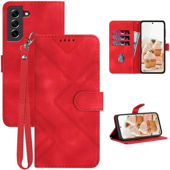S21 FE Case,for Galaxy S21 FE 5G Case Wallet,Card Holder Leather Kickstand S21 FE 5G Case,Wrist Strap,Magnetic Closure,Shockproof Protective Pattern Flip Cases Cover for Galaxy S21 FE 5G (Red)