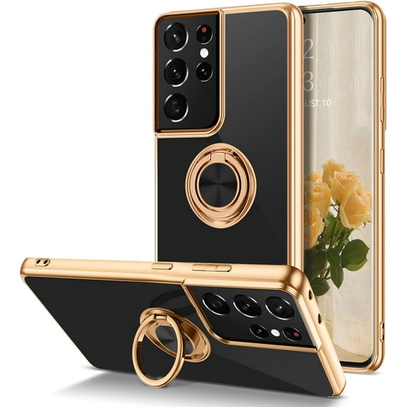 S21 Ultra Case,Galaxy S21 Ultra Case,Slim Fit Soft 360° Ring Holder Kickstand Magnetic Car Mount Supported Easy Clean Shockproof Protective Cover for Samsung Galaxy S21 Ultra 6.8",Black/Golden