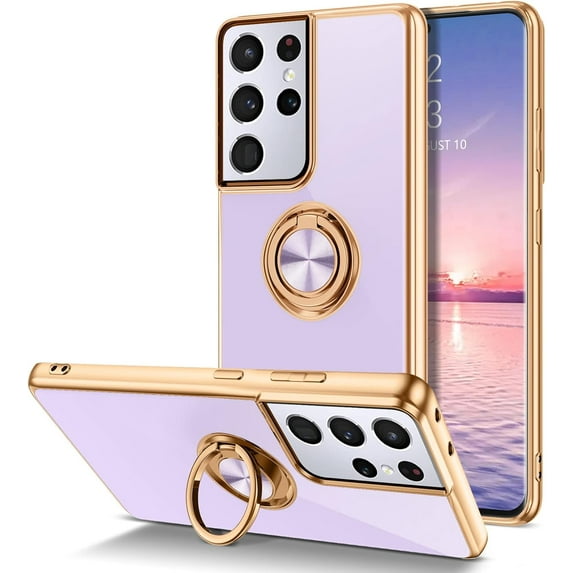 S21 Ultra Case,Galaxy S21 Ultra Case,Slim Fit Soft 360° Ring Holder Kickstand Magnetic Car Mount Supported Easy Clean Shockproof Protective Cover for Samsung Galaxy S21 Ultra 6.8",Light Purple
