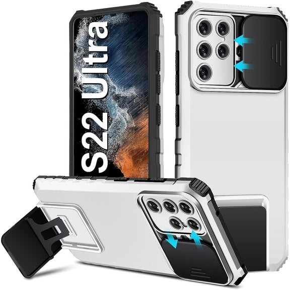 S22 Ultra Case Compatible with Samsung Galaxy S22 Ultra 5G [2022-Version], Slide Camera Cover, -Grade Shockproof Phone Case with Kickstand Protective Cover for Samsung S22 Ultra 5G (White)