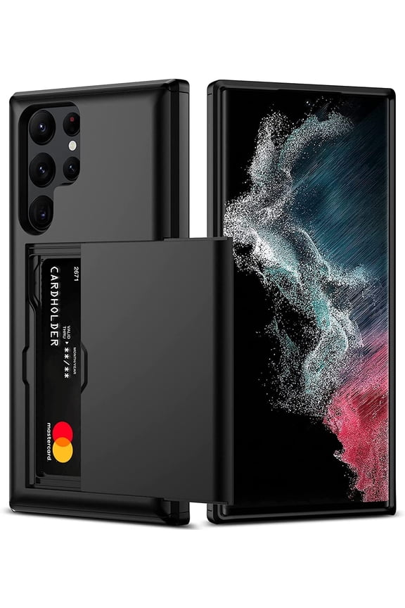 S22 Ultra Wallet Case -Card Holder Shockproof Silicone TPU Hard PC Dual Layer Protective Case Black