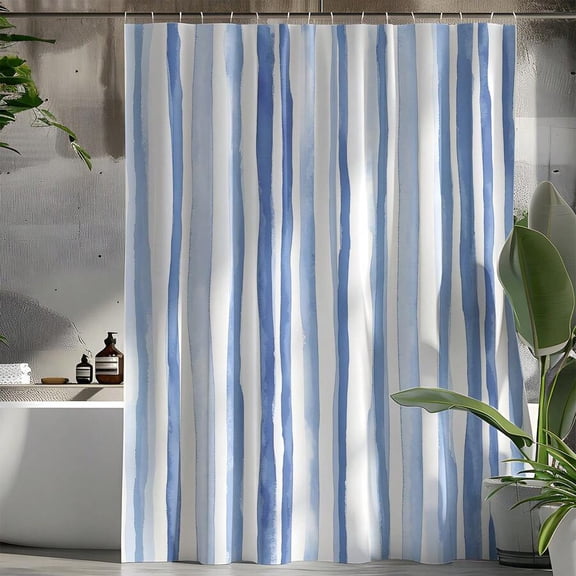 S2243 Modern Blue Watercolor Vertical Striped Shower Curtain, High Quality