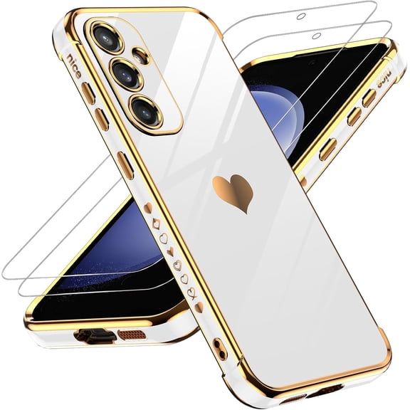 for S23 FE 5G Phone Case: with 2 Pcs Tempered Glass Screen Protector 2 Pcs, Full Camera Lens Protection, Love Heart Plating Girly Cute Soft TPU Shockproof Case for S23 FE 5G, White