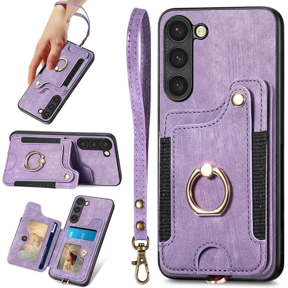 S23+ Plus Case,Card Holder Wallet for Galaxy S23 Plus Case,Ring Holder Stand,RFID-Blocking,Wrist Strap,Camera Protector,Leather Protective Magnetic Flip Cover for Samsung S23 Plus Case (Purple)