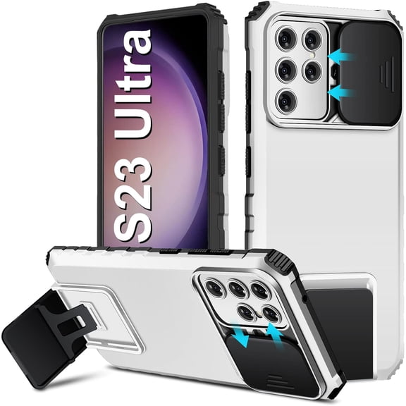 S23 Ultra Case Compatible with Samsung Galaxy S23 Ultra 5G [2023-Version], Slide Camera Cover, -Grade Shockproof Phone Case with Kickstand Protective Cover for Samsung S23 Ultra 5G White