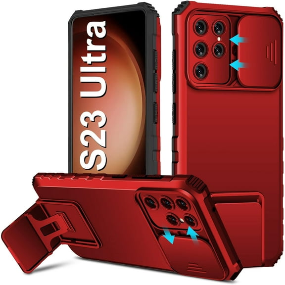 S23 Ultra Case Compatible with Samsung Galaxy S23 Ultra 5G [2023-Version], Slide Camera Cover, -Grade Shockproof Phone Case with Kickstand Protective Cover for Samsung S23 Ultra 5G Red