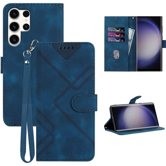 S23 Ultra Case Wallet,for Galaxy S23 Ultra Wallet Case,Card Holder Leather Kick-Stand Flip Cases Protector,Wrist Strap,Magnetic Closure,Shockproof Protective Cover for Samsung S23 Ultra (Blue)