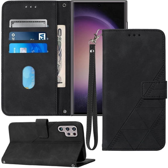 S23 Ultra Case Wallet,for Samsung S23 Ultra Case,[Kickstand][Wrist Strap][Card Holder Slots] TPU Interior Protective S23 Ultra Phone Case Leather Folio Flip Cover for Galaxy S23 Ultra Case (Black)