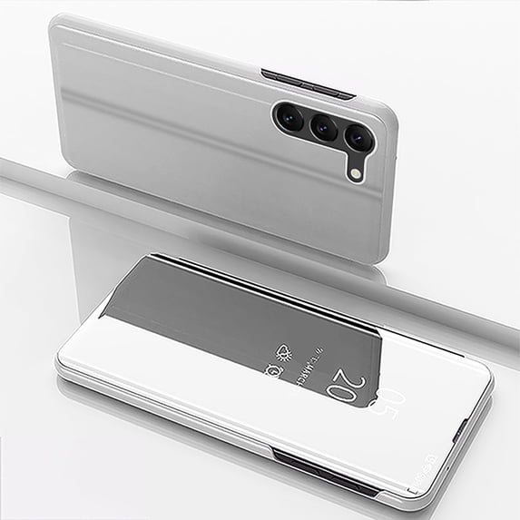 S24 Plus Case Compatible with Galaxy S24 Plus Cell Phone Case with Kickstand, PU Leather, Clear View Mirror Flip Cover Shockproof Protective Cover for Samsung Galaxy S24 Plus, Silver