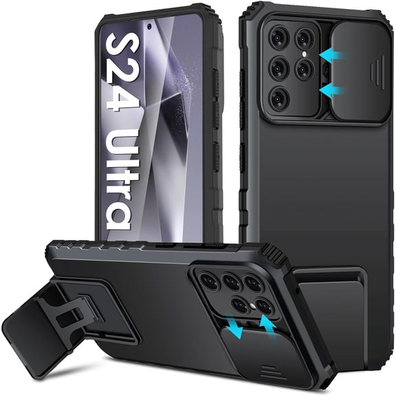S24 Ultra Case Compatible for Samsung Galaxy S24 Ultra 5G, Slide Camera Cover -Grade Anti-Drop Shockproof Phone Case with Kickstand Protective Cover for Samsung S24 Ultra 5G (Black)