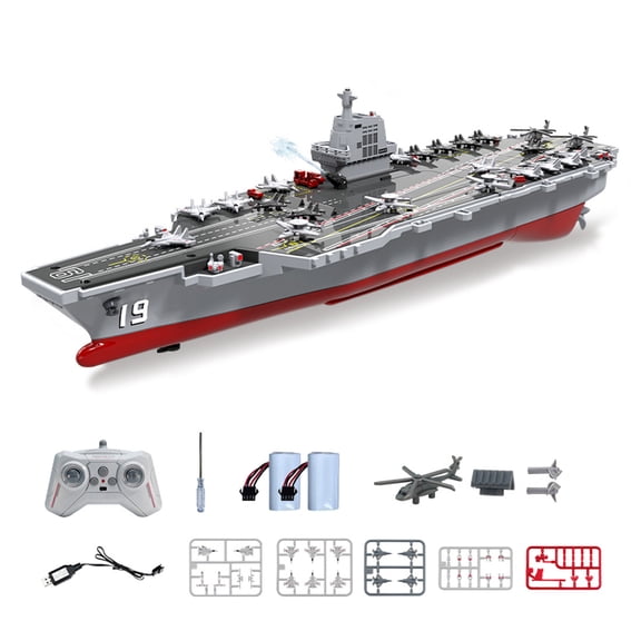 S27 RC Aircraft Carrier Boat 2.4GHz Remote Control Warship With Dual Motors Water Spray Function DIY Aircraft Accessories For Lake River And Pond- 2 Battery