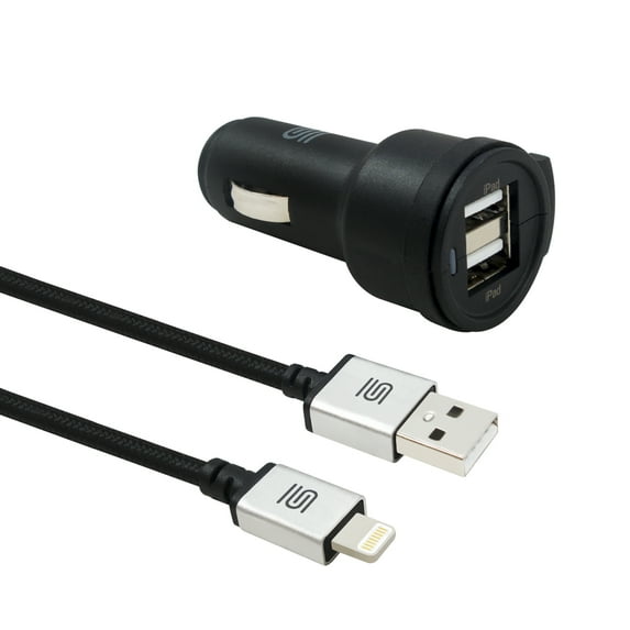 Dual USB Car Charger; 4.8A Output; Cigarette Lighter Voltage Meter Compatible with Apple iPhone; iPad; Samsung Galaxy; LG; Google Nexus; USB Charging Devices; and MFI Lightning Cable; Silver