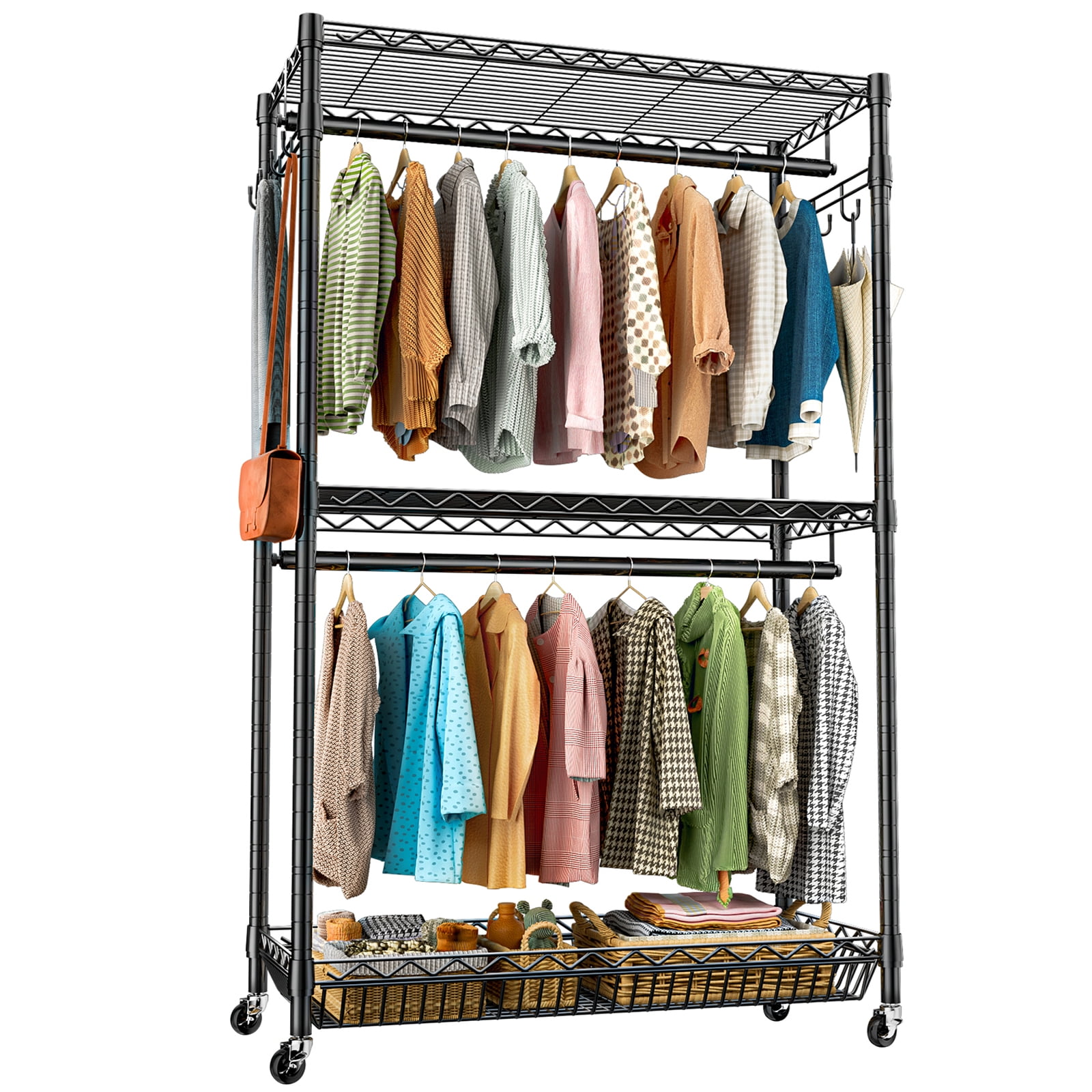 S3 Portable Clothing Rack 3 Tier Adjustable Rolling Clothes Rack Heavy