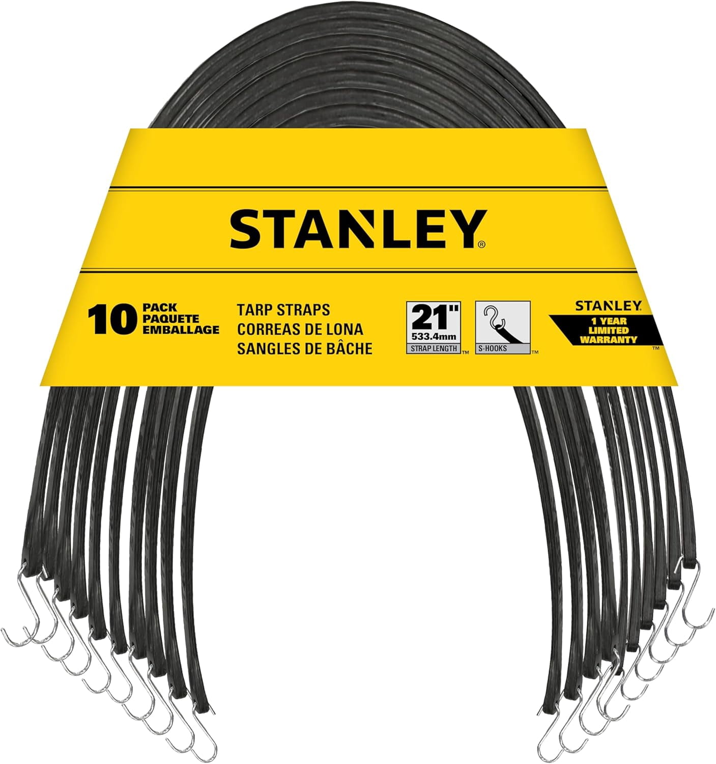 S300421 Black 21" Rubber Tarp Bungee Cords for Boating, Camping, Cargo Support, 10 Pack