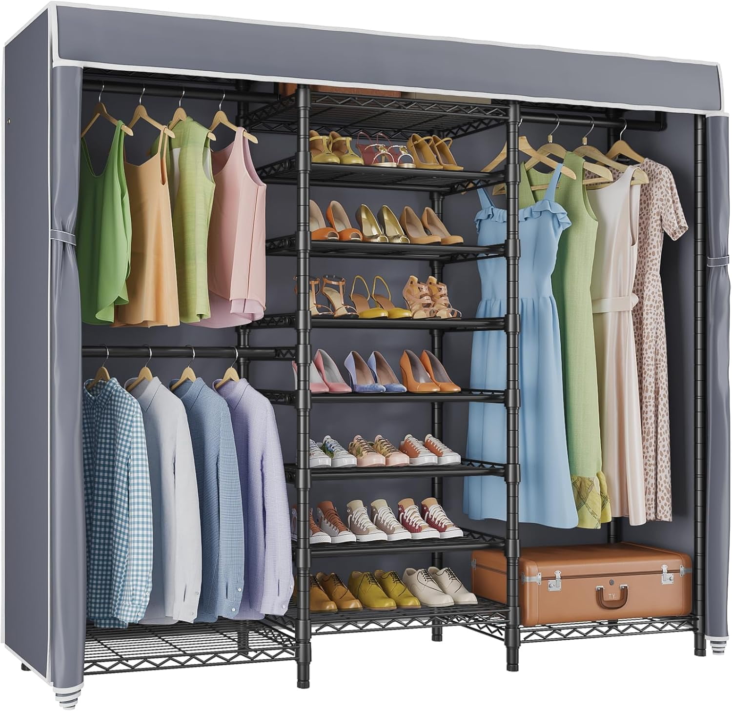 S3C Heavy Duty Portable Closet with Adjustable Shoe Rack Wire Shelf ...