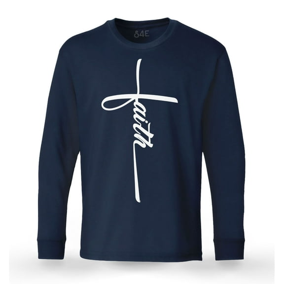 S4E Men's Faith Cross Religious Long Sleeve Shirt Large Navy
