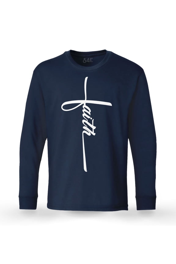 Men's Faith Cross Religious Long Sleeve Shirt Large Navy