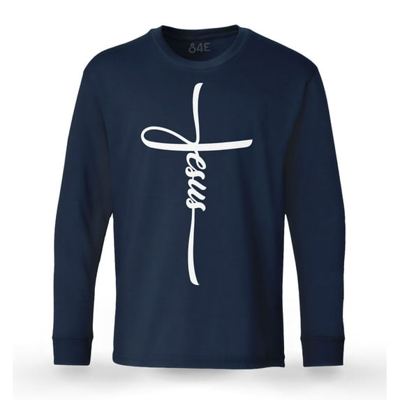 S4E Men's Jesus Cross Religious Long Sleeve ShirtSmall Navy
