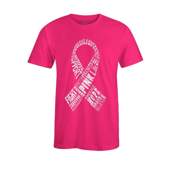 S4E Men's White Ribbon Word Montage T-Shirt Medium Heliconia Pink