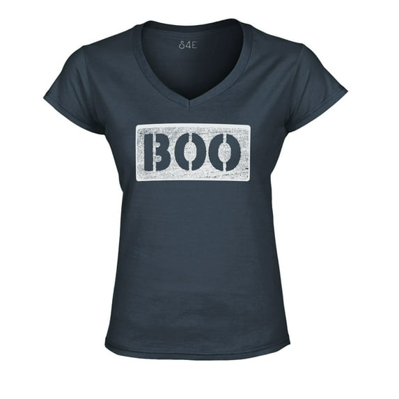 S4E Women's Distressed Boo Halloween Slim Fit V-Neck T-Shirt Medium Charcoal
