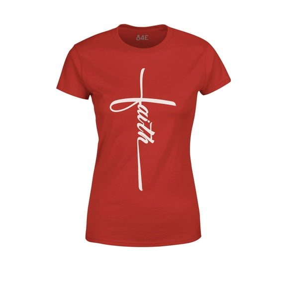 S4E Women's Faith Cross Religious T-Shirt Large Red