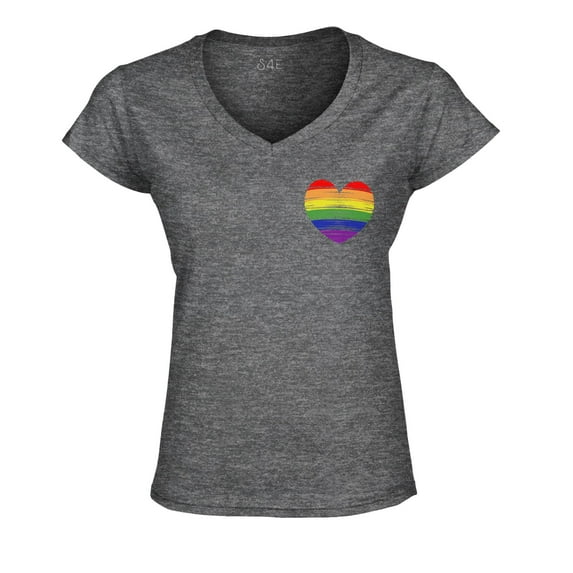 S4E Women's Gay Rainbow Heart LGBTQ Pride Slim Fit V-Neck T-Shirt Large Heather Charcoal