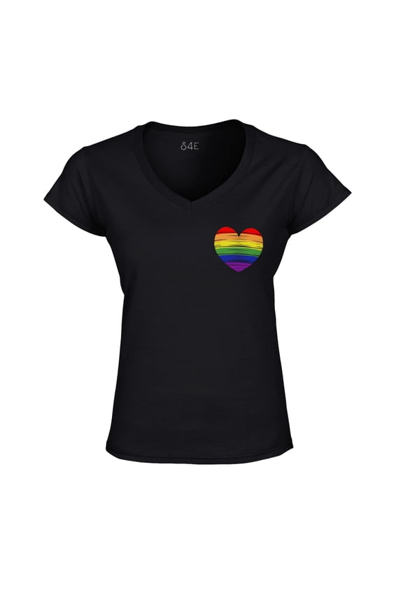 Women's Gay Rainbow Heart LGBTQ Pride Slim Fit V-Neck T-Shirt X-Large Black