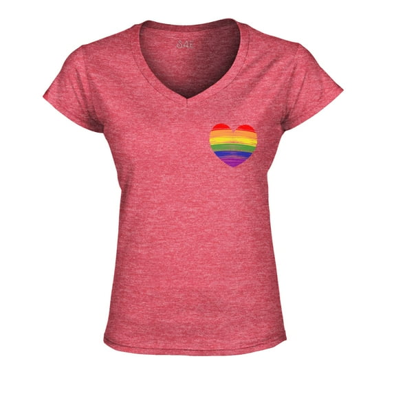 S4E Women's Gay Rainbow Heart LGBTQ Pride Slim Fit V-Neck T-Shirt X-Small Heather Red
