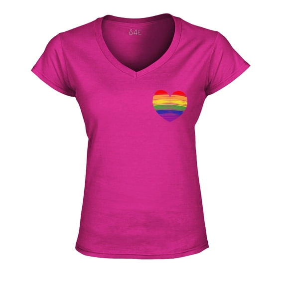 S4E Women's Gay Rainbow Heart LGBTQ Pride Slim Fit V-Neck T-Shirt XX-Large Pink