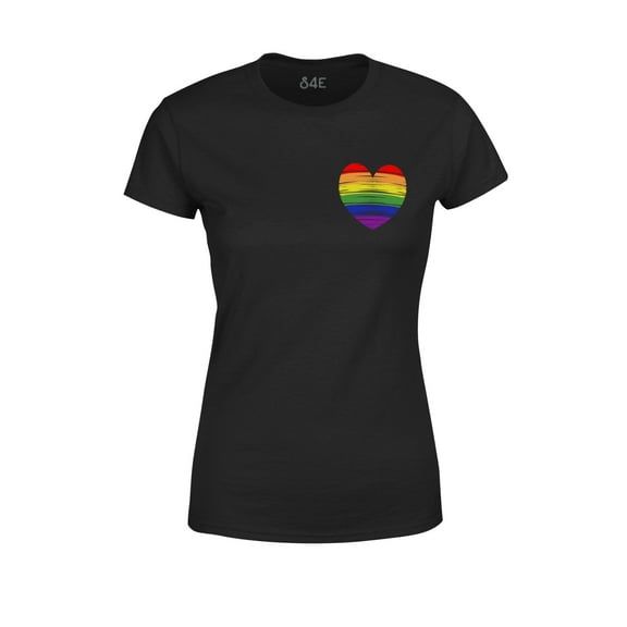 S4E Women's Gay Rainbow Heart LGBTQ Pride T-Shirt Small Black