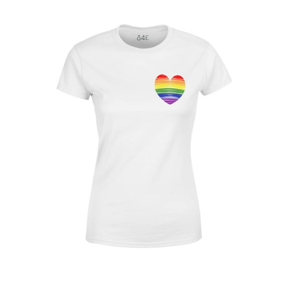 S4E Women's Gay Rainbow Heart LGBTQ Pride T-Shirt Small White