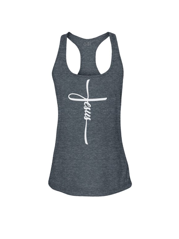 Women's Jesus Cross Religious Racerback Slim Fit Large Charcoal
