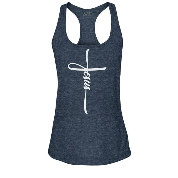 S4E Women's Jesus Cross Religious Racerback Slim Fit Large Navy