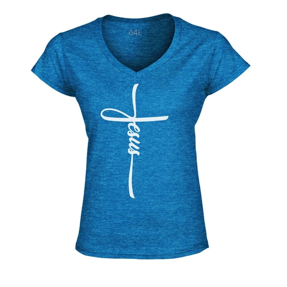 S4E Women's Jesus Cross Religious Slim Fit V-Neck T-Shirt Large Royal Blue