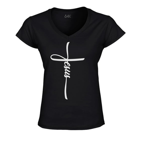 S4E Women's Jesus Cross Religious Slim Fit V-Neck T-Shirt Medium Black