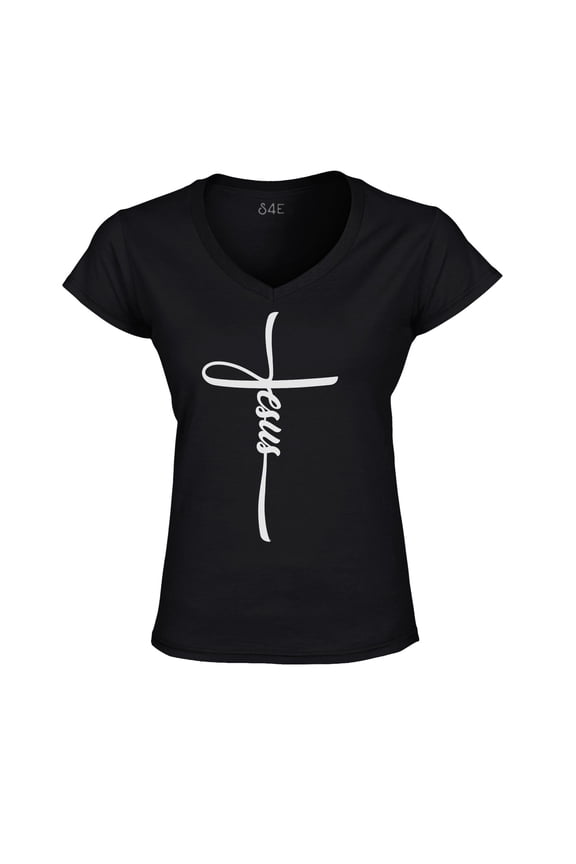 Women's Jesus Cross Religious Slim Fit V-Neck T-Shirt Small Black