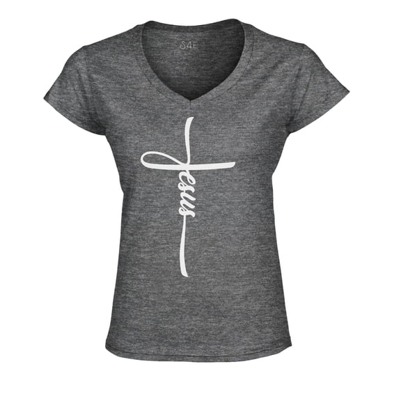 S4E Women's Jesus Cross Religious Slim Fit V-Neck T-Shirt Small Heather Charcoal