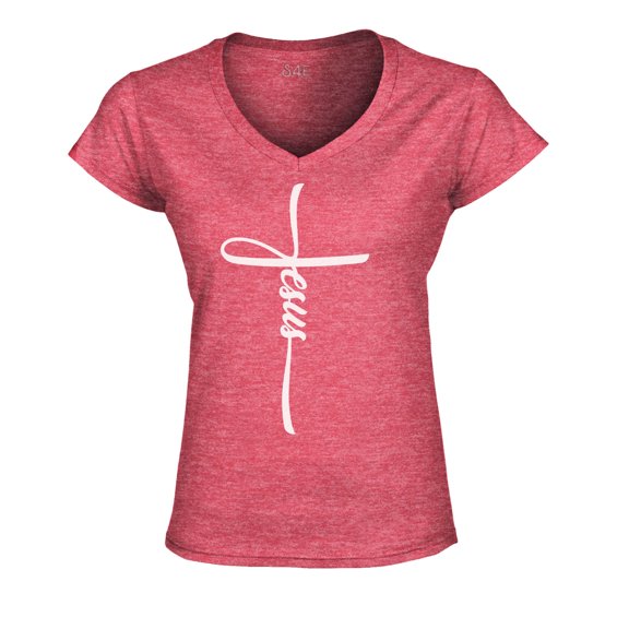 S4E Women's Jesus Cross Religious Slim Fit V-Neck T-Shirt Small Heather Red