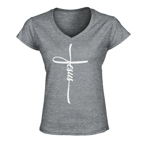 S4E Women's Jesus Cross Religious Slim Fit V-Neck T-Shirt Small Sports Grey