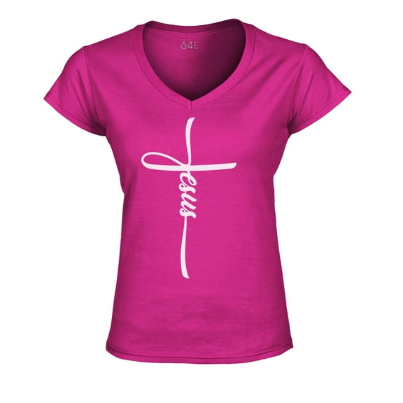 S4E Women's Jesus Cross Religious Slim Fit V-Neck T-Shirt XX-Large Pink